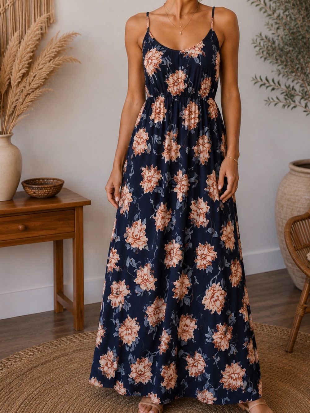 Amaryllis Floral Maxi Dress Medium Navy Peach Spaghetti Strap Boho Summer